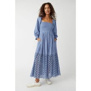 New FREE PEOPLE Perfect Storm Long Sleeve Midi Dress $168 SMALL Blue Boho